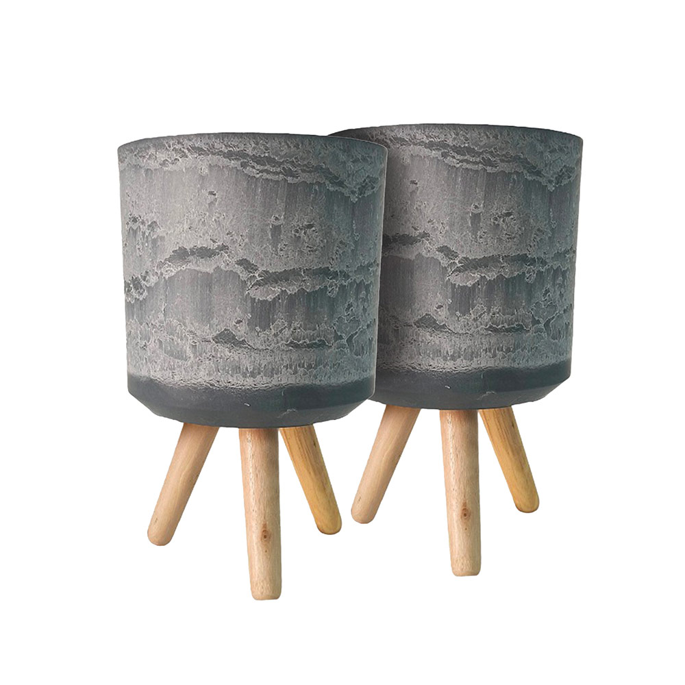Round Planter Wood Stand Dark Gray 10" x 16"